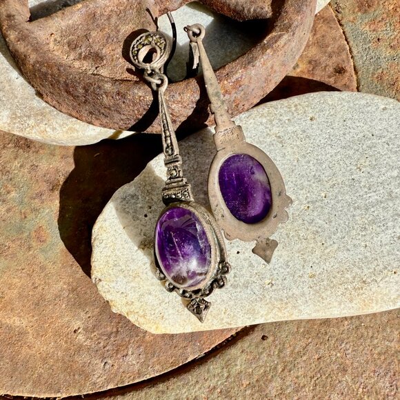Vintage Sterling Silver Grape Amethyst Marcasite Pierced Earrings - Picture 6 of 7